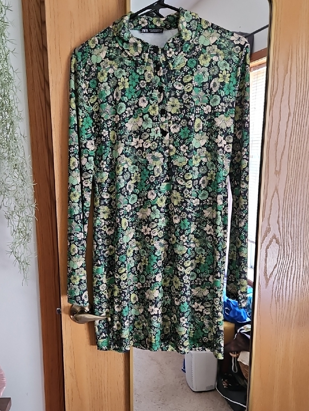 Zara Black Dress with Green and Cream Floral Print Polo Neck Style
